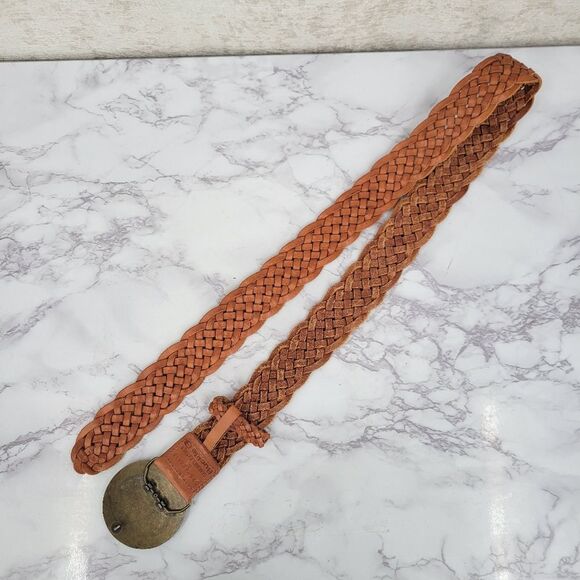 Buckle Braided Woven Tan Leather Belt with Decorative Brass Toned Buckle - Picture 10 of 14